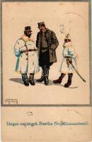 1918 Idegen vendégek Bartha főszállásmesternél. József főherceg vezérezredes Hadikiállítása Budapest-Margitsziget / WWI Austro-Hungarian K.u.K. military art postcard, military expo. Lehmann (Brassó) litho s: Hermann Molzer + "TÁBORI FŐPOSTA KIRENDELTSÉG 620/IV." (fl)