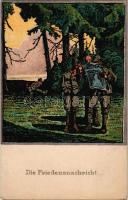 1918 Die Friedensnachricht. Kriegsfürsorge der k.u.k. 1. Armee / WWI Austro-Hungarian K.u.K. military art postcard, peace news. Druck u. Verlag Lehmann (Kronstadt-Brassó) litho s: Hermann Molzer + "K.u.k. Infanterieregiment Nr. 132. 12. Feldkompagnie" "TÁBORI POSTAHIVATAL 427" (EK)