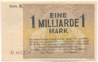 Német Birodalom / Weimari Köztársaság / Hamborn 1923. "August Thyssen-Hütte Gewerkschaft" 1.000.000.000M, vízjeles papíron, szárazpecséttel "003270" T:VF German Reich / Weimar Republic / Hamborn 1923. "August Thyssen-Hütte Gewerkschaft" 1.000.000.000 Mark on watermarked paper, with embossed stamp "003270" C:VF