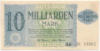 Német Birodalom / Weimari Köztársaság / Hamborn 1923. "August Thyssen-Hütte Gewerkschaft" 10.000.000.000M, vízjeles papíron, szárazpecséttel "15362" T:AU,XF nagyobb sarokhajlás German Reich / Weimar Republic / Hamborn 1923. "August Thyssen-Hütte Gewerkschaft" 10.000.000.000 Mark on watermarked paper, with embossed stamp "15362" C:AU,XF large corner fold