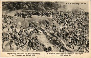 K.u.K. Inf.-Regt. Nr. 69. Angriff des 1. Bataillons auf den Gemsenberg bei Pressburg am 22. Juli 1866. / 1. zászlóalj támadása Gemsenbergre (Zerge-hegy) Pozsonynál / Austro-Hungarian K.u.K. military, infantry attack at Kamzík (near Bratislava) s: M. Ledeli