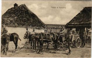 Indul a tábori konyha. M. kir. 10. honvéd gyalogezred kiadása. Tábori Postai Levelezőlap / Austro-Hungarian K.u.K. military field postcard, field kitchen, group of soldiers (vágott / cut)