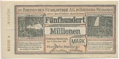 Német Birodalom / Weimari Köztársaság / Duisburg-Meidreich 1923. "Die Rheinischen Stahlwerke A.G." 500.000.000M, vízjeles papíron, szárazpecséttel "A 853739" T:F szép papír German Reich / Weimar Republic / Duisburg-Meidreich 1923. "Die Rheinischen Stahlwerke A.G." 500.000.000 Mark on watermarked paper, with embossed stamp "A 853739" C:F fine paper