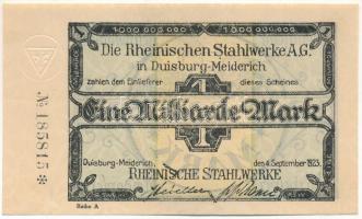 Német Birodalom / Weimari Köztársaság / Duisburg-Meidreich 1923. "Die Rheinischen Stahlwerke A.G." 1.000.000.000M, vízjeles papíron, szárazpecséttel "A 185815" T:AU,XF German Reich / Weimar Republic / Duisburg-Meidreich 1923. "Die Rheinischen Stahlwerke A.G." 1.000.000.000 Mark on watermarked paper, with embossed stamp "A 185815" C:AU,XF