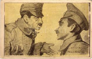 "Mit veszekedjünk?", I. világháborús magyar és orosz katona, Béke Lapok / WWI Hungarian and Russian soldier, peace propaganda s: Lázár Oszkár (gyűrődések / creases)