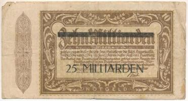 Német Birodalom / Weimari Köztársaság / Duisburg 1923. 25.000.000.000M felülbélyegezve 10.000.000M-án vízjeles papíron T:F,VG German Reich / Weimar Republic / Duisburg 1923. 25.000.000.000 Mark overprinted on 10.000.000.000 Mark, watermarked paper C:F,VG