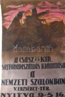 Horthy Béla (1869-1943): A Császári és Királyi Sajtóhadiszállás kiállítása a Nemzeti Szalonban, 1916 (I. világháborús propaganda plakát lovaskatonák ábrázolásával), kromolitográfia, papír, jelzett a plakáton, Seidner Bp., hajtásnyomokkal, lapszéli egészen apró sérülésekkel, lap alján német ny. felirattal, 92,5x61,5 cm. Becses gyűjtői ritkaság!