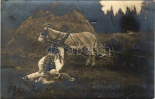 1902 Tátralomnic, Tatranská Lomnica (Magas-Tátra, Vysoké Tatry); fiú szamarakkal és szénakazallal / boy with donkeys and haystack. photo (felületi sérülés / surface damage)
