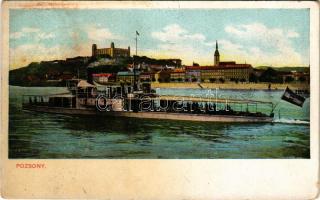 1908 Pozsony, Pressburg, Bratislava; Cs. és kir. Haditengerészet SMS Szamos monitor a Dunán. Dunaflottilla / K.u.K. Kriegsmarine Donauflottille / SMS Szamos Austro-Hungarian Navy river guard monitor on the Danube. K.B.B.D.B. (kopott sarkak / worn corners)