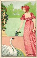Wiener Art Nouveau postcard. Lady with swan. B.K.W.I. 656-1. s: Mia Witt (EK)