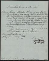 1839 Lajcsák Ferenc (1772-1843) nagyváradi püspök, cs. és kir. belső titkos tanácsos autográf aláírása egy latin nyelvű egyházi dokumentumon, Gedeon István váradvelencei plébános részére, töredezett viaszpecséttel.