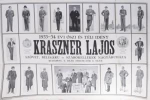 1933-34 Kraszner Lajos szövet, bélésáru és szabókellékek nagyáruháza, Bp., Deák tér 2., divatplakát, reklámplakát, papír, jelzés nélkül, Posner Bp., hajtásnyomokkal, lapszéli sérülésekkel, kissé foltos, 63x94,5 cm.