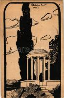 1902 Kézzel rajzolt művészlap Pozsonyból 5 fillér díjjegyes levelezőlapon / Hand-drawn art postcard sent from Bratislava + 5f Ga. (ázott sarok / wet corner)