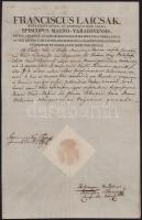 1834 Nagyvárad, Házassági engedély várad-velencei katolikus férfi (Hamza Ferenc) és helvét hitvallású nő (Nagy Rebeka) részére, Lajcsák Ferenc (1772-1843) nagyváradi püspök nevével ellátott fejléccel, püspöki helynöki és nótáriusi aláírásokkal, papírfelzetes viaszpecséttel.