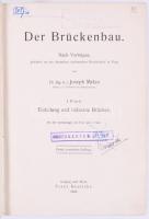 Joseph Melan: Der Brückenbau. Nach Vorträgen, gehalten an der deutschen technischen Hochschule in Prag. Bände I-II. I. Band: Einleitung und hölzerne Brücken. II. Band: Steierne Brücken und Brücken aus Beton und Eisen. [Melan, Joseph: Hídépítés I-II. kötet. I. kötet: Bevezetés és fahidak. II. kötet: Kőhidak és beton- és vashidak.] (Egybekötve.) Leipzig - Wien, 1922-1924, Franz Deuticke, VIII+300 p.+1 t.;+IV+459 p. Dritte Auflage. Német nyelven. Fekete-fehér illusztrációkkal. Átkötött félvászon-kötés, kissé kopott borítóval, sérült gerinccel, régi bélyegzésekkel.