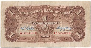 Kína 1936. 1Y "Central Bank of China" "A 102469 K" T:F China 1936. 1 Yuan "Central Bank of China" "A 102469 K" C:F Krause P#210