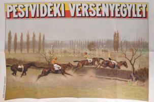 cca 1910 Pestvidéki Versenyegylet, lovassport plakát, litográfia, Klösz Műintézet, hajtásnyomokkal, restaurált, lapszéli kisebb sérülésekkel, 64x96 cm / cca 1910 Pest County Equesterian Club lithograph poster, folded, restored, with damages on the edges, 64x96 cm