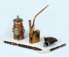 5 darabos pipázással kapcsolatos tétel, dohánytartó, réz pipa, pipaszárak, pipa.