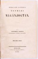Udvardy Ignácz: Római ker. katolika egyházi magánjogtan. II. kötet. Budán, 1843., A' Magy. Kir. Egyetem' betűivel, VIII+335+1 p.+1 (Vérség fája negyed ízig) t. Korabeli átkötött aranyozott gerincű egészvászon-kötés, kopott, foltos borítóval, a címlapon és a táblán kis szakadással, foxing foltos lapokkal.