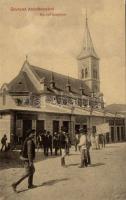Abrudbánya ev.ref. church with the shop of Kálmán Dávid