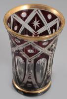 Díszpohár. cca 1880, magyar, vörösen pácolt csiszolt üveg, kopással, m: 12 cm