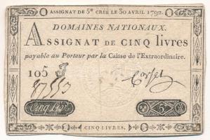 Franciaország 1792. 5L "Assignata" "105" vízjellel és szárazpecséttel T:F France 1792. 5 Livres "Assignata" "105" with watermark and embossed stamp C:F  Krause P#A61