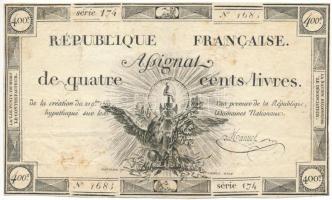 Franciaország1792. 400L "Assignata" "174 1683" vízjellel és szárazpecséttel T:F lyukak France 1792. 400 Livres "Assignata" "174 1683" with watermark and embossed stamp C:F holes Krause P#A68