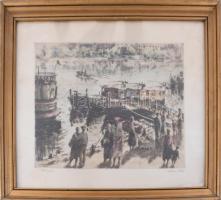 Kórusz József (1927-2010): Dunapart. Színezett rézkarc, papír, jelzett. Dekoratív, üvegezett fakeret...