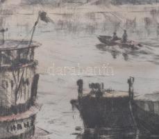 Kórusz József (1927-2010): Dunapart. Színezett rézkarc, papír, jelzett. Dekoratív, üvegezett fakeret...