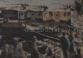 Kórusz József (1927-2010): Dunapart. Színezett rézkarc, papír, jelzett. Dekoratív, üvegezett fakeret...