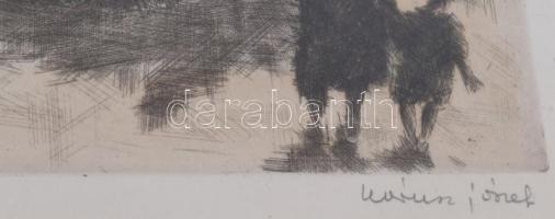 Kórusz József (1927-2010): Dunapart. Színezett rézkarc, papír, jelzett. Dekoratív, üvegezett fakeret...