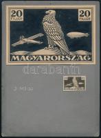 Szege Sándor (1883-1945): 20 fillér bélyegterve repülőgép, sas és zeppelin ábrázolással, 1926 körül. Tus, papír. Jelzés nélkül. Kartonra kasírozva. 7x11 cm. Kartonon a kész bélyeg is szerepel!