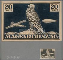 Szege Sándor (1883-1945): 20 fillér bélyegterve repülőgép, sas és zeppelin ábrázolással, 1926 körül....