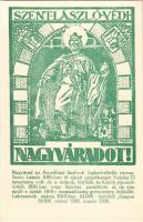 Nagyvárad, Oradea; Szent László védi Nagyváradot! Magyar irredenta képeslap a Szent László szoborral és címerrel. Közművelődési rt. / Hungarian irredenta propaganda postcard, statue and coat of arms s: Tary
