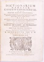 Dictionarium manuale casuum conscientiae: in quo praeter casuum solutionem... Celeberrimis Nostrorum Temporum Viris Pontas, De Lamet Ac Fromageau... Venetiis, 1761. Jo. Baptistae Pasquali. 483p., 508p., Korabeli aranyozott félbőr kötésben.    A könyv szótár-/lexikonformában tárgyalja azokat az erkölcsi és jogi kérdéseket, amelyek a gyónás során vagy a mindennapi lelkipásztori gyakorlatban felmerülhettek. Célja az volt, hogy gyors eligazítást adjon bonyolult élethelyzetek erkölcsi megítéléséhez. Fő témakörei   Bűnök és erények meghatározása és súlyosságuk megítélése  Gyónási esetek (pl. eskü, hazugság, uzsora, házasság, szexualitás, vagyon, igazságosság kérdései)  Kanonjogi vonatkozások, egyházi fegyelem  Feloldozás és penitencia feltételei  Kétes vagy vitás erkölcsi helyzetek megoldási módjai  A szerzők és források A címben említett Pontas, De Lamet és Fromageau a 17?18. század legismertebb francia morálteológusai közé tartoztak. A mű:   összefoglalja és rendszerezi az ő (és más tekintélyes teológusok) tanításait,  a korabeli katolikus erkölcsi gondolkodás ?best practice? kézikönyveként működött.  Történeti jelentőség    A barokk és felvilágosodás kori katolicizmus egyik tipikus segédkönyve  Fontos forrás a korabeli társadalmi normák, erkölcsi dilemmák és egyházi gyakorlat megértéséhez  Gyakran használták szemináriumokban és plébániákon