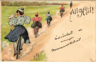 1898 All Heil! / kerékpáros hölgyek / ladies riding bicycles. Kunstverlag v. Winkler &amp; Voigt Art Nouveau, litho (EB)