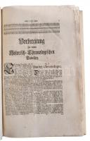 Hiányos történelem támájú könyv. Historisch-Chronologischen Tabellen. ?. (címlap hiány) 360p. 28 (p). II. rész :Kurze vorstellung der Erd-Kugel Augsburg 1734. Wolff. 2 sztl lev, 47p. Sérült, restaurált barokk egészbőr kötésben