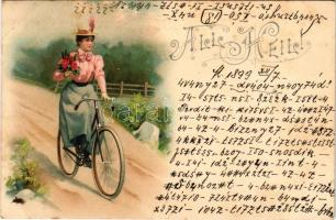 1899 All Heil! / kerékpáros hölgy / lady riding a bicycle. litho + titkosírás / cryptography (fl)