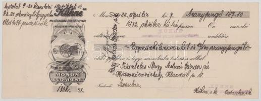 1932. Moson "'Kühne' Mezőgazdasági Gépgyár Részvény-Társaság Moson és Budapest" "1302" kitöltött magánváltó 197 és 80/100 aranypengőről, hátoldalán bélyegzéssel T:VF