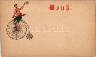 Gruß! / Man with velocipede (penny-farthing). litho (EK)