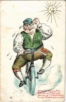 1900 Mit hundertfünfzig Kilo, Fahrt der am Radel noch... / kerékpáros humor / bicycle riding humour with fat man (lyuk / pinhole)