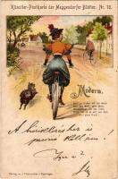 1899 Künstler-Postkarte der Meggendorfer Blätter Nr. 10. Modern / kerékpáros hölgy / Lady riding a bicycle, dog. J. F. Schreiber Art Nouveau, litho (gyűrődés / crease)