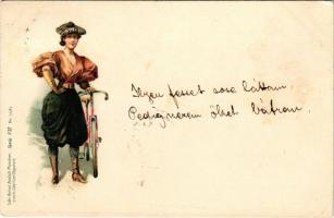 1898 Kerékpáros hölgy / lady with bicycle. Lith-Artist. Anstalt (vorm. Gebrüder Obpacher) München Serie VII. No. 1598. litho (EK)