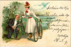 1899 Kerékpáros művészlap szerelmespárral / romantic couple with bicycles. litho (fa)