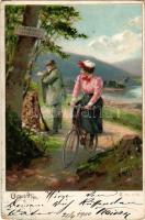1900 Kerékpáros művészlap vadásszal / Für Radfahrer verboten! / lady riding a bicycle, hunter with rifle, humour. litho (EK)