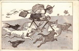 Veszedelemben a posta. Cserkész kerékpáron kutyák között. R. M. (Regnum Marianum) Cserkészcsapatai 5. / Hungarian boy scout art postcard, scout on bicycle chased by dogs s: Márton L. (EK)