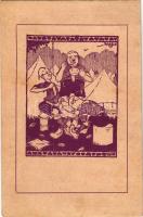 Fölséges egy étek. Kiadja a kecskeméti 110. Bethlen Gábor cserkészcsapat 1927. / Hungarian boy scout art postcard s: Mátis (EB)