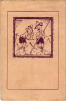 1930 Komoly tábori őrségen... Kiadja a kecskeméti 110. Bethlen Gábor cserkészcsapat 1927. / Hungarian boy scout art postcard s: Mátis (szakadás / tear)