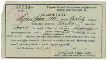 1931. Névre szóló, kitöltött viselői igazolvány a karddal és sisakkal díszített Háborús emlékérem kitüntetéshez, a "Országos Vitézi Szék - Háborús emlékérem irodája" pecsétjével T:F Hungary 1931. Bearers ID for the "Hungarian Commemorative War Medal" decoration with stamp C:F