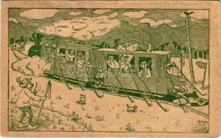 1923 A cserkész - ahol tud - segít. A 126. sz. Szent Imre cserkészcsapat kiadása (Veszprém) / Hungarian boy scout art postcard, field train, locomotive s: Mátis (EB)